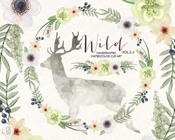 570x456 Watercolor Flowers, Deer Antlers, Green Wedding Bouquet, Anemones