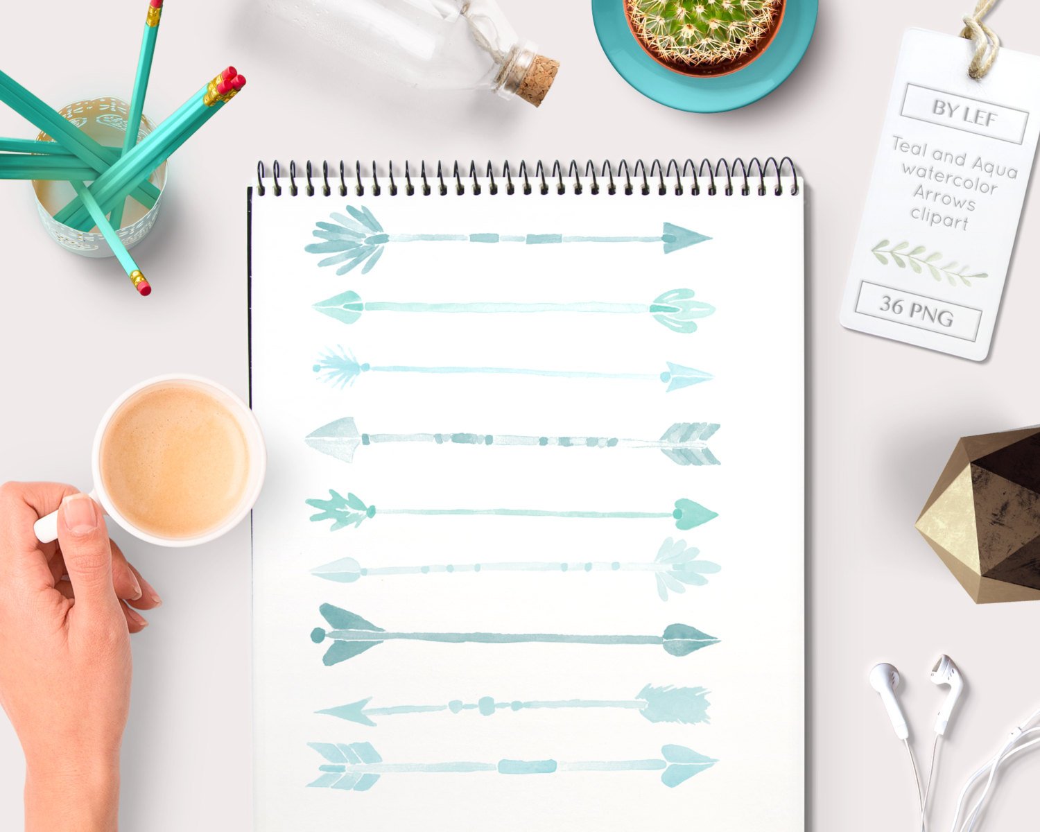 1500x1200 Hand Painted Watercolor Clipart Arrows Tribal (36 Pc) Teal Aqua