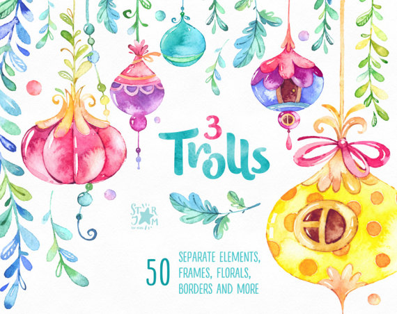 570x452 Trolls 3. Watercolor Clip Art, Frames, Borders, Buntings, Houses