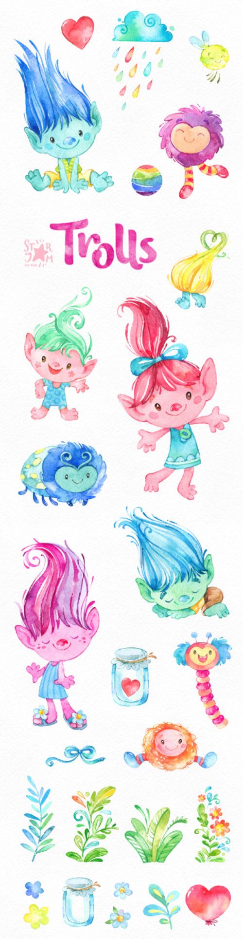 500x1928 Trolls. Watercolor Clip Art, Cute Characters, Poppy, Dolls, Happy