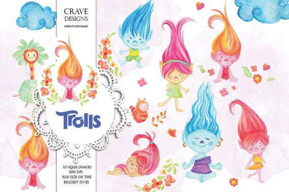 570x379 Trolls. Watercolor Clip Art Cute Characters Dolls Happy Etsy