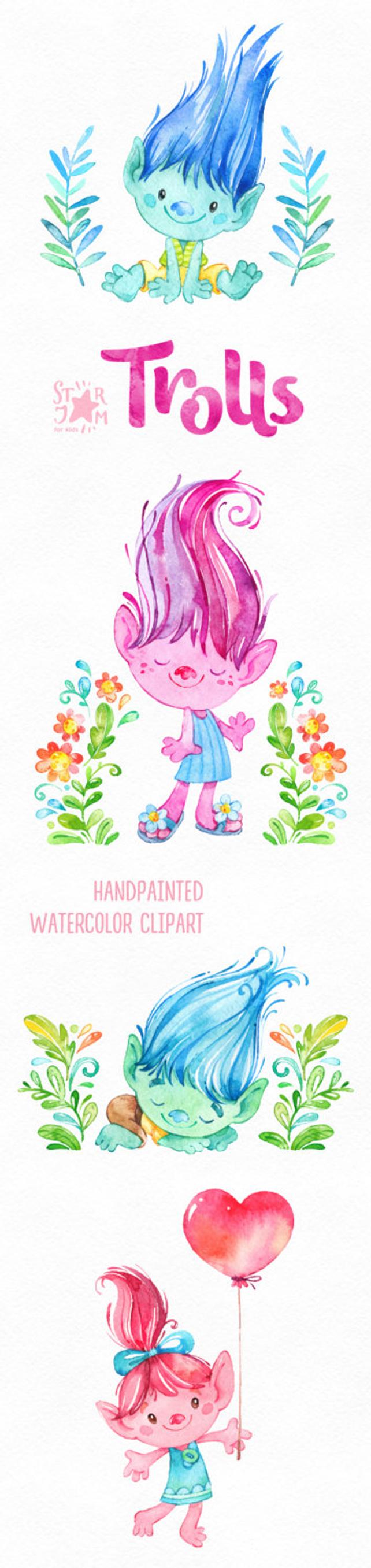 642x2713 Trolls. Watercolor Clip Art Cute Characters Poppy Dolls Etsy