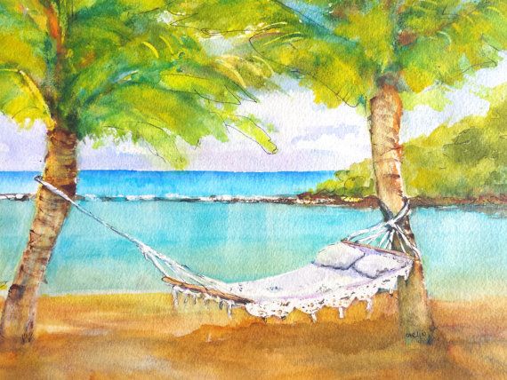 570x428 Original Watercolor Landscape Painting, Tropical Beach Hammock