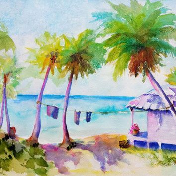 354x354 Original Watercolor Painting, Tropical Beach House Paradise, 12x16