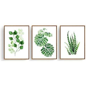 300x300 Wood Framed Green Tropical Leaves Watercolor Painting Prints Wall