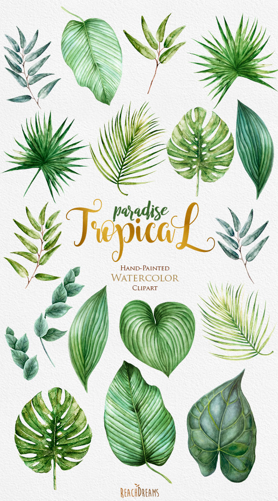 560x1008 Tropic Clipart, Tropical Watercolor Leaves, Bright Green Foliage