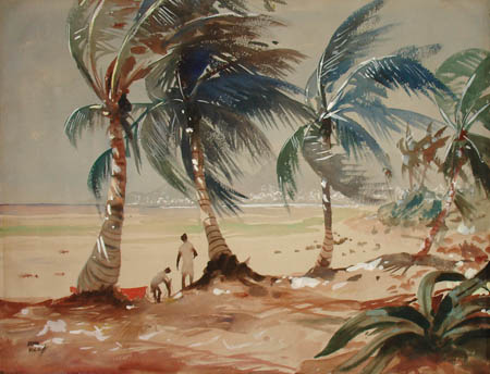 450x344 Landscape Art, Tropical Beach With Palms, John Pike, Vintage