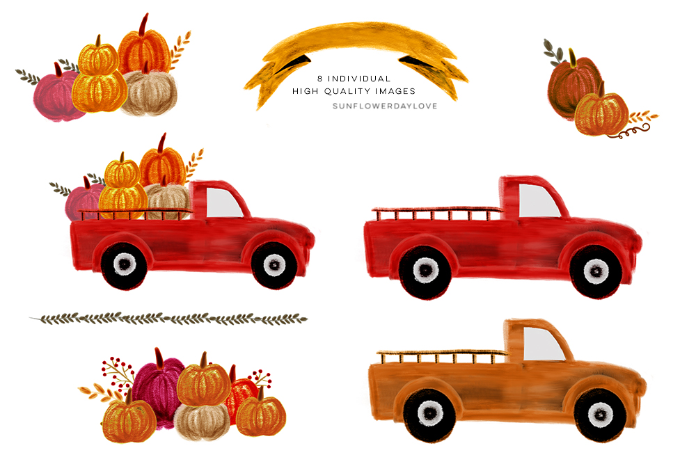 1000x667 Pumpkin Truck Watercolor Fall Clipart, Thanksgiving By Sunflower