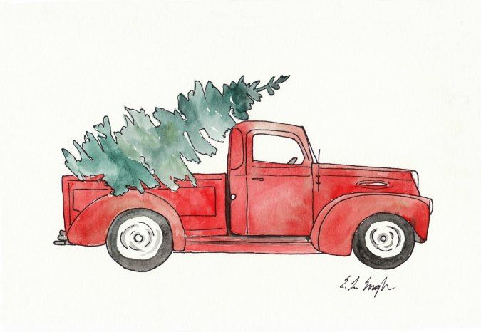 675x466 Red Truck With Christmas Tree, Original Watercolor Painting, 9x12