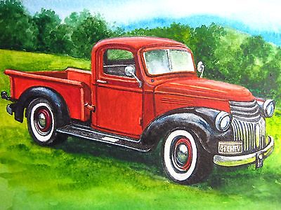 400x300 Watercolor Painting Old Red Car Vintage Retro Truck Art 5 X 7