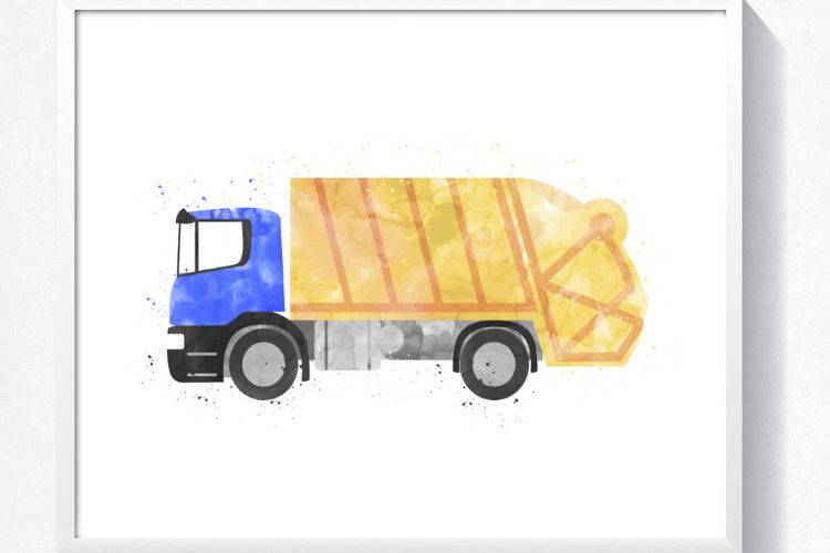 750x500 Watercolor Garbage Truck Printable, Truck Wall Art, Boy Bedroom