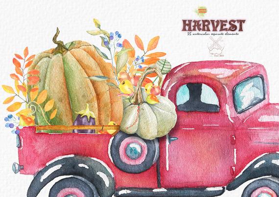 570x403 Autumn Harvest Watercolor Clipart Truck Watercolor Pumpkin Etsy