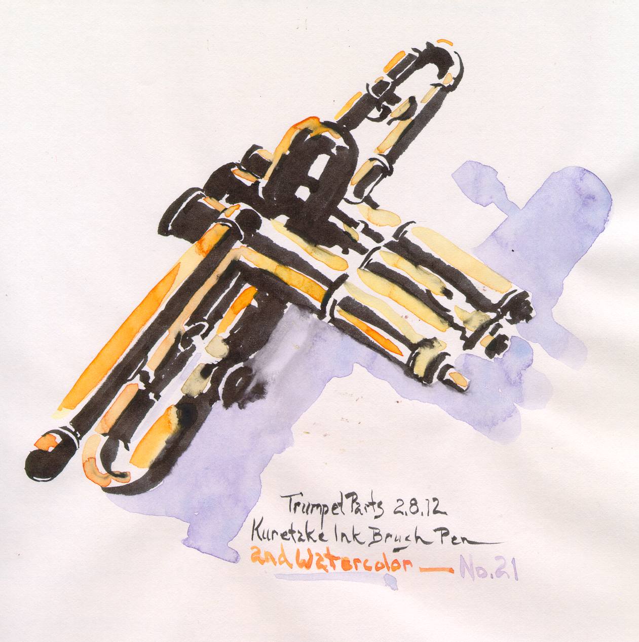1261x1266 Trumpet Parts 21 Ink Brush Pen Watercolor Chris Carter Artist