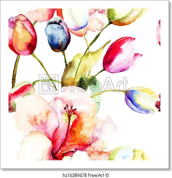 561x581 Free Art Print Of Watercolor Painting Of Tulips And Lily Flowers
