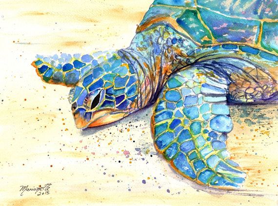 570x422 Original Sea Turtle Watercolor Painting