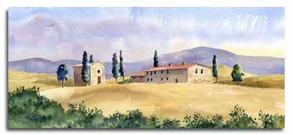 424x196 Print Of Watercolour Painting Of Tuscany, By Artist Lesley Olver