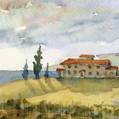 236x236 Tuscany Home Landscape Original Watercolor By Elaineoriginals