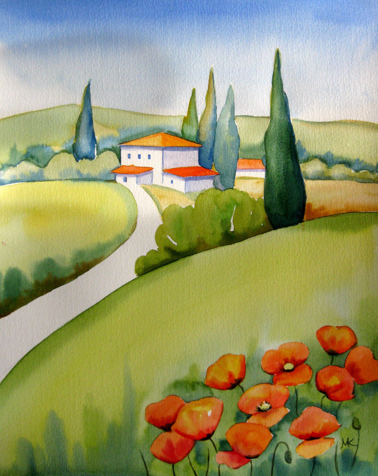 1273x1600 Tuscany Poppies Watercolor Italian Landscape Painting Signed Ebay
