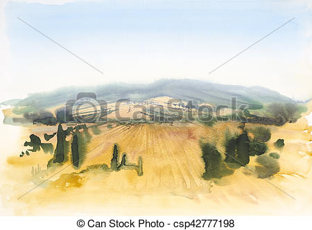 450x333 Tuscany Watercolor Painting. Watercolor Painting Showing A