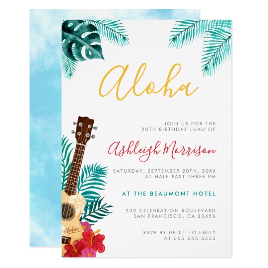 540x540 Watercolor Ukulele Tropical Birthday Luau Party Invitation
