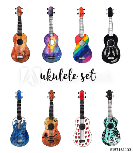 437x500 Watercolor Ukulele Set. Hawaiian Guitars On White Isolated