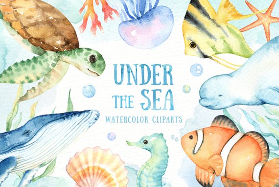 570x382 Under The Sea Watercolor Clipart Nursery Prints Nautical Etsy