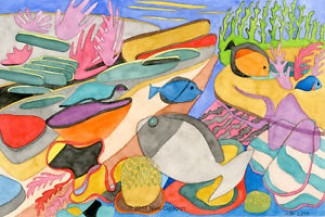 300x200 Underwater Scene Original Abstract Watercolor Painting Colorful