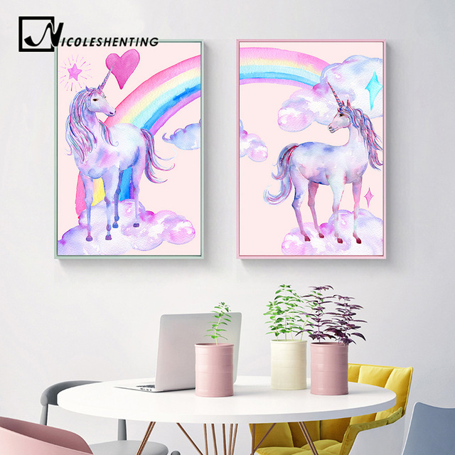 640x640 Rainbow Unicorn Posters Canvas Prints Watercolor Pegasus Painting
