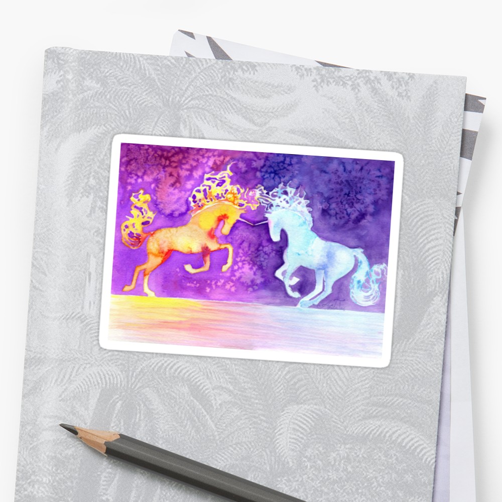 1000x1000 Fire And Ice Unicorn Fight Watercolor Painting Stickers By Artist