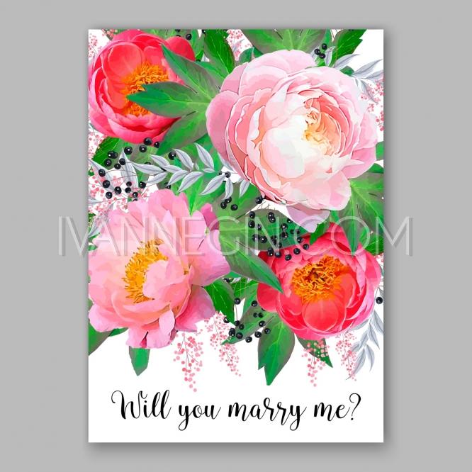 666x666 Peony Wedding Invitation Watercolor Floral Vector