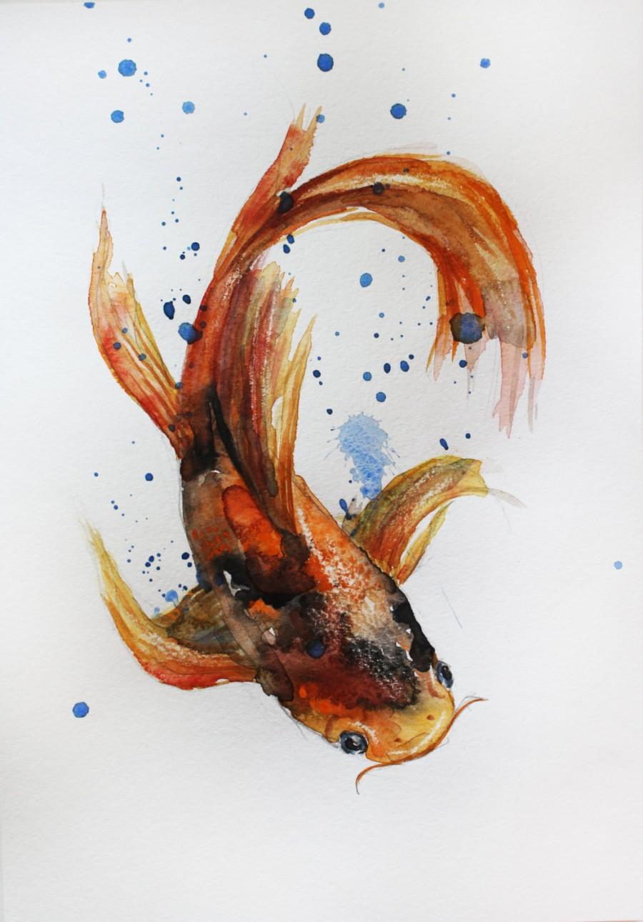 900x1291 Original Watercolor Painting Koi Fish Gold Fish Sea Children Room