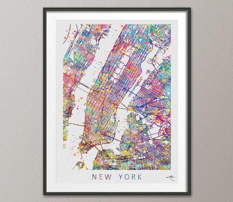 480x416 New York City Map United States Watercolor Illustrations Art Print