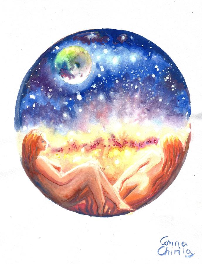 689x900 Me And Her In The Universe Watercolor Painting By Chirila Corina