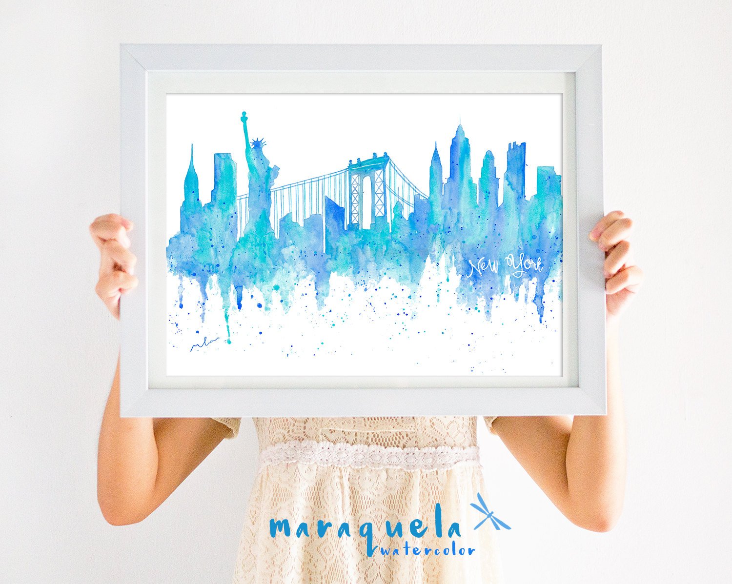 1500x1197 Newyork Skyline Blue Hues, Watercolor, Skyliner Ny, Usa , Art
