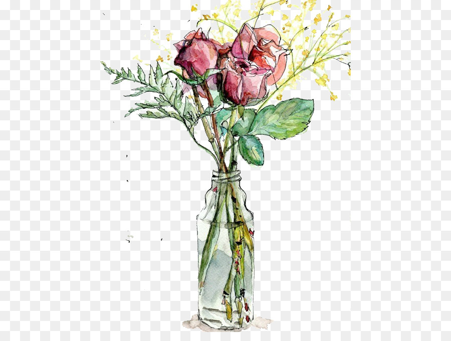 900x680 Garden Roses Vase Watercolor Painting Drawing Illustration