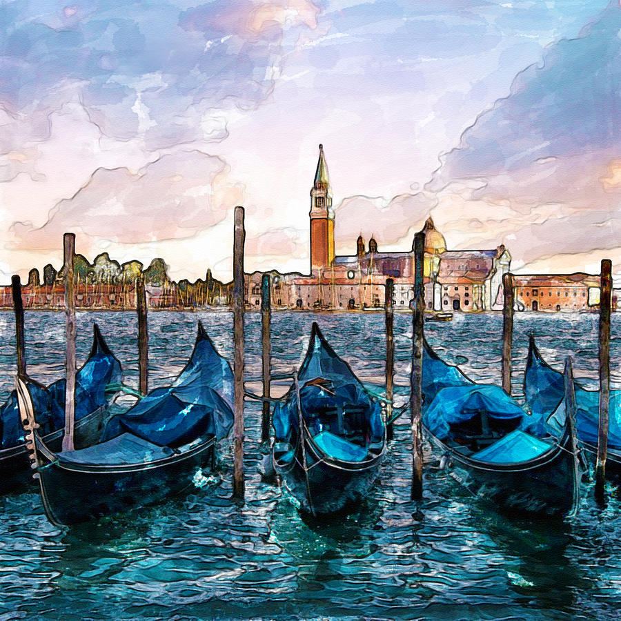 900x900 Gondolas In Venice Watercolor Painting By Marian Voicu