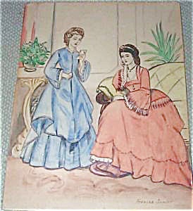 274x300 Antique Watercolor Painting Victorian Parlor Scene Fashion