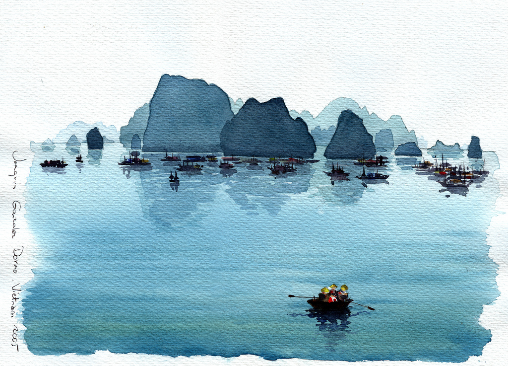 1024x737 Watercolor Halong Bay Vietnam Acuarela Joaquin Gonzalez Dorao