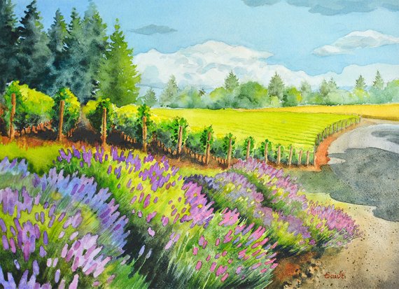 570x413 Landscape Vineyard Watercolor Painting Art Print Domaine Etsy