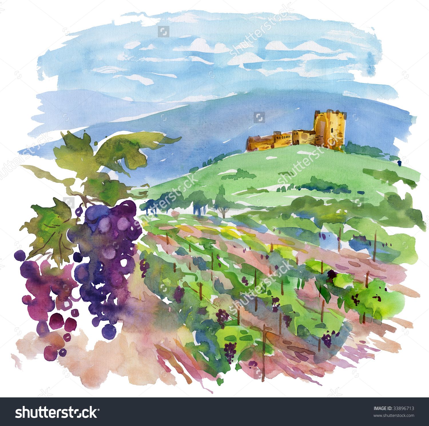 1500x1489 Art, Vineyard, Landscape, Painting (Watercolor) Stock Photo