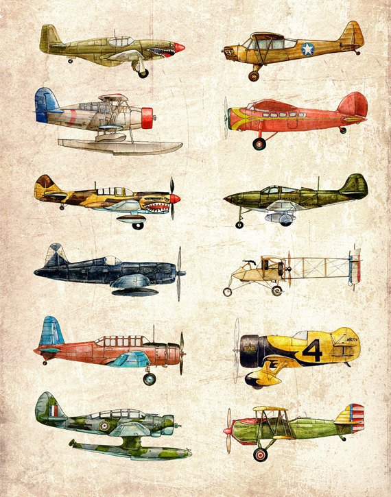 570x725 Vintage Airplane Collection Watercolor Print Etsy