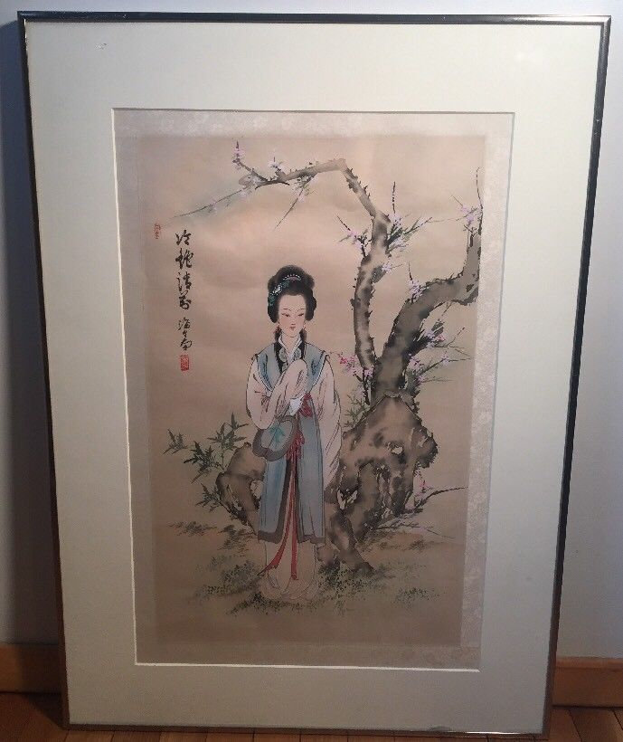 689x820 Large Vintage Japanese Watercolor Painting Signed Seal Marks