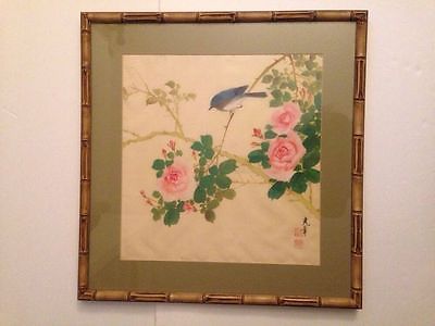 400x300 Vintage Japanese Signed Watercolor Painting On Silk Bird On Branch