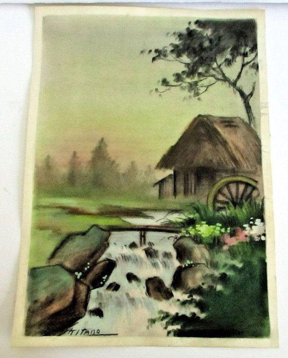 570x707 Vintage Japanese Watercolor Old Water Mill Rapids Waterfall Etsy