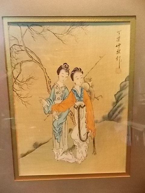 480x640 Vintage Japanese Watercolor Painting On Silk Of Two Women In A