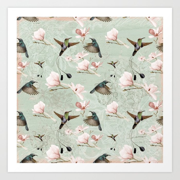 700x700 Vintage Watercolor Hummingbird And Magnolia Flowers On Mint
