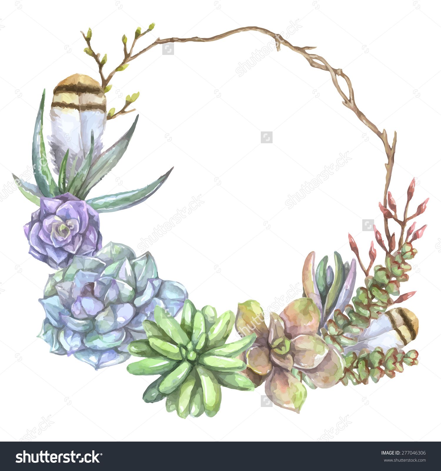 1500x1600 Vintage Watercolor Frame With Tree Branch, Feathers And Succulents