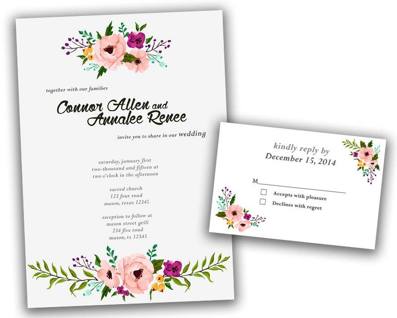 800x640 Vintage Watercolor Flowers Wedding Invitation Suite Party Print