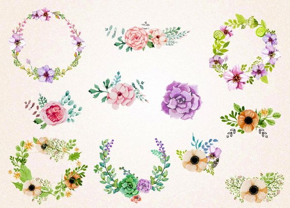 570x410 Watercolor Flowers Svgpngvintage Watercolor Wreaths Amp Etsy