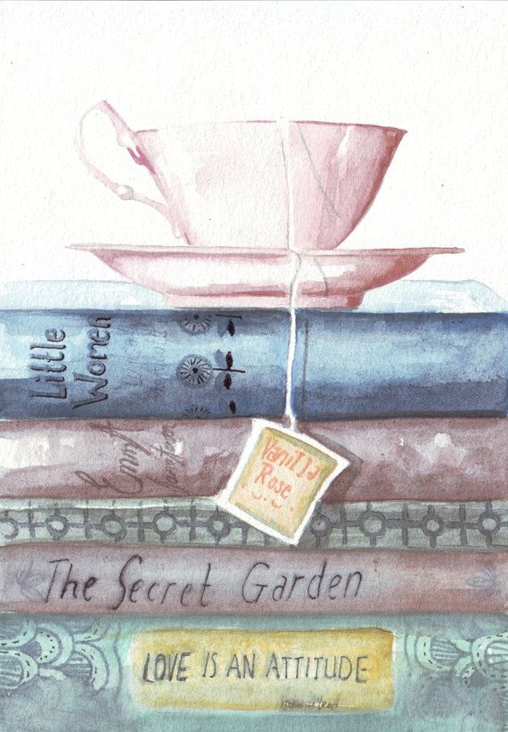 570x821 Original Watercolor Painting Teacup Vintage Books Classic Reads